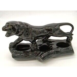 Vintage MCM 1950s 15" Black Ceramic Panther Cat Planter With Green Jewel Eyes
